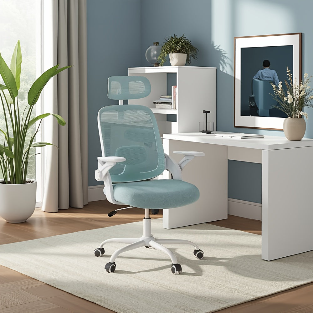 Silla de oficina ergonómica, silla de escritorio con reposacabezas ajustable, soporte lumbar, función de balanceo, reposabrazos plegables, silla para oficina en casa, silla de trabajo