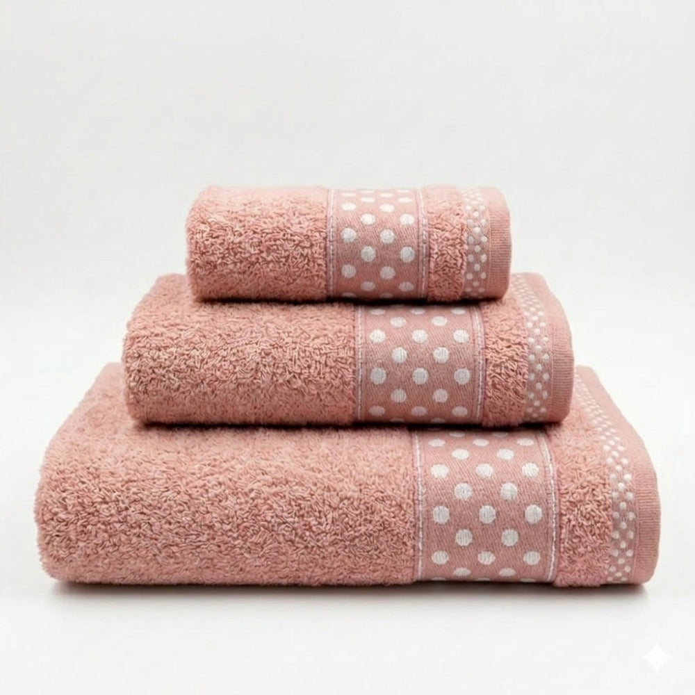 Juego de Toallas de Algodón 100% (3 Piezas) - Incluye Toalla de Tocador, Lavabo y Ducha | Tacto Suave, Ultra Absorbentes con Diseño Elegante de Lunares | Set Premium para Baño