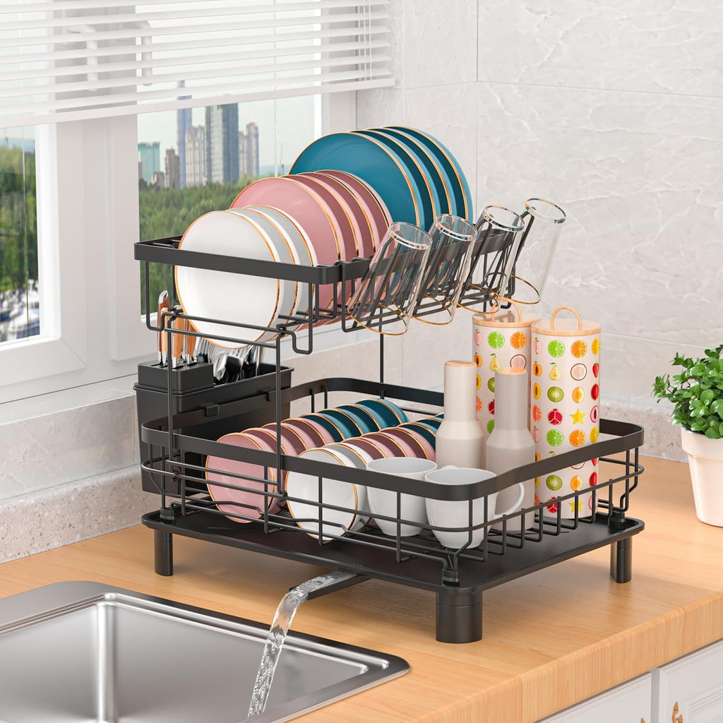 Estante de Platos de Doble Capa, Escurridor de Platos con Plato de Drenaje y Boquilla Giratoria, Estante de Platos con Organizador de Cubiertos y Portavasos - Regalo Perfecto para Mujeres, Esposa, Día de la Madre, Accesorio de Cocina