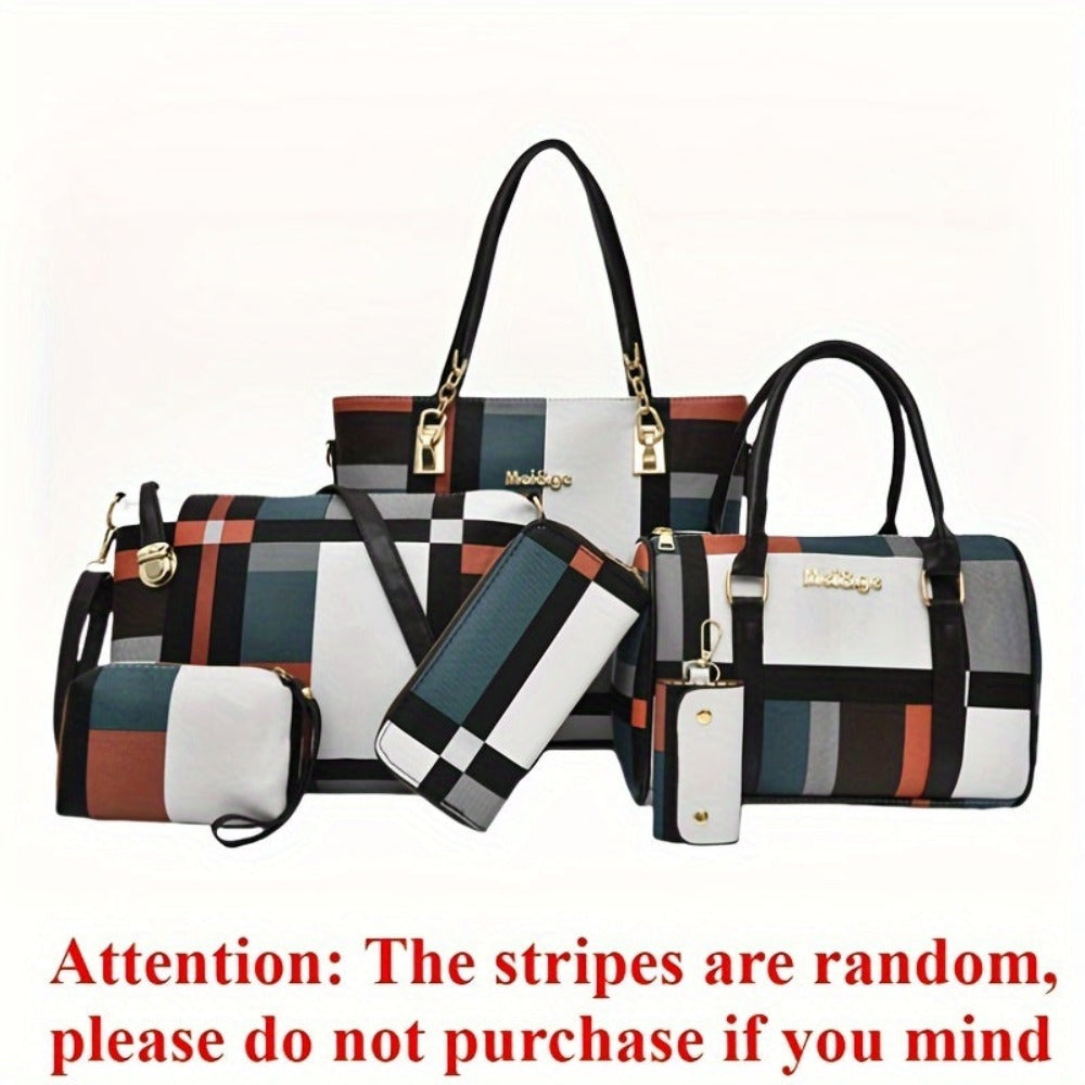 Juego de 6 piezas de bolso Vanaheimr para mujer, estampado de cuadros casual, las rayas son aleatorias, correa ajustable, cierre de cremallera, forrado, color de contraste de moda, combinación de bolso tote y bandolera de gran capacidad, ideal para regalo