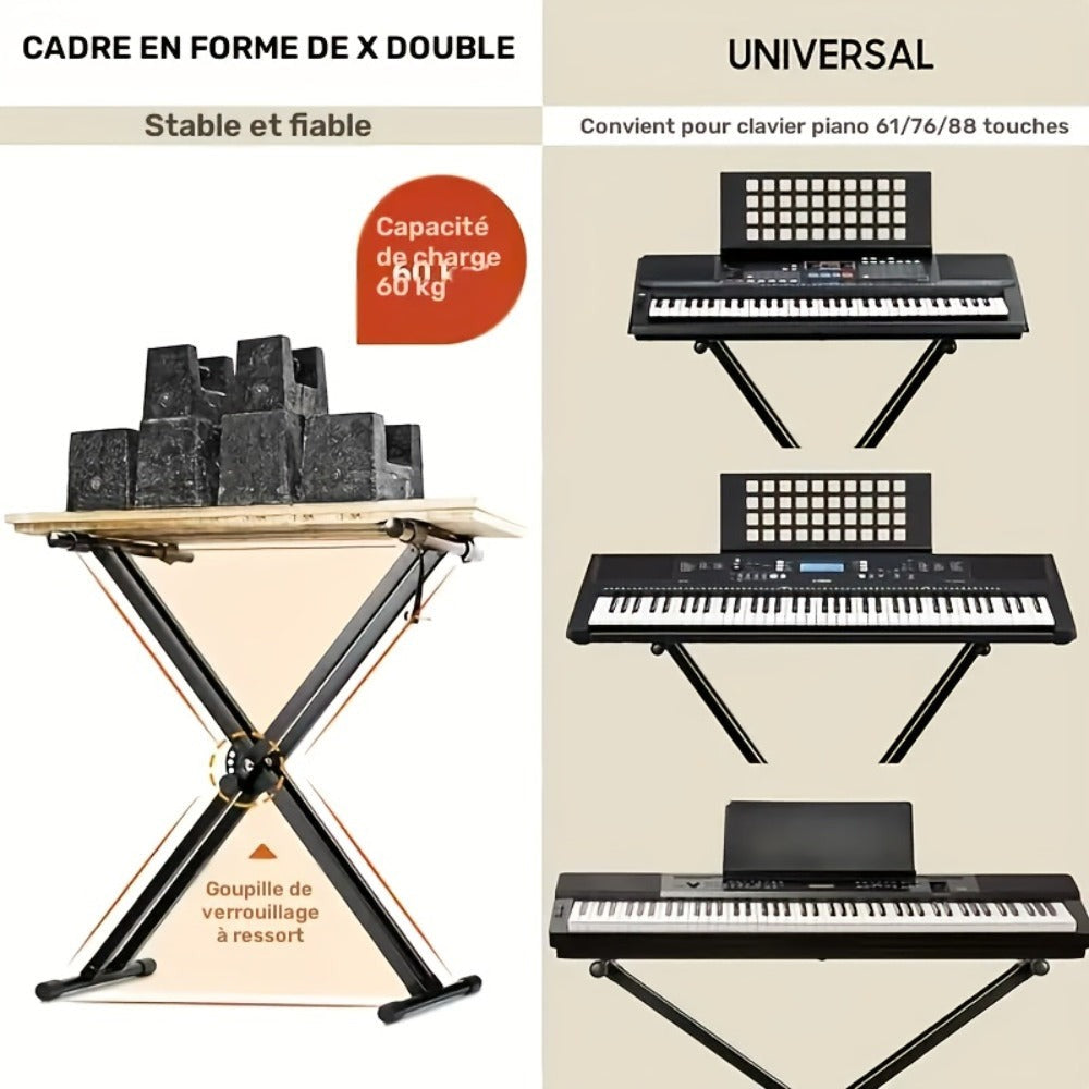 Soporte para teclado ajustable en altura de 49 cm a 97 cm, plegable tipo X con doble refuerzo para teclados y pianos digitales (barra fija)