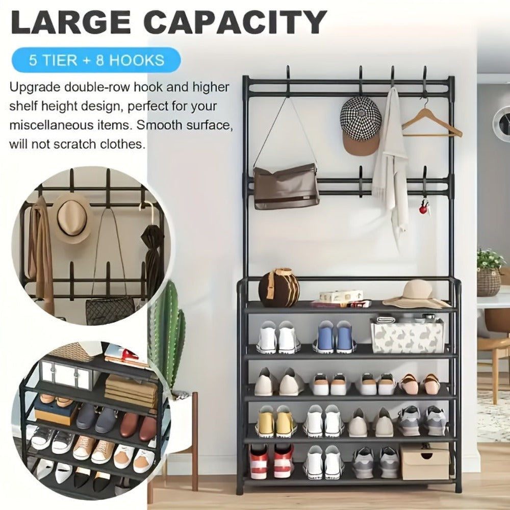 Organizador de Zapatos - Perchero Ahorrador de Espacio, Estante de 5 Niveles con 8 Ganchos, Estructura Robusta de Metal Dorado/Plástico, Diseño Independiente o Montado en Pared para Hogar, Oficina y Tienda - Ideal para Almacenar Zapatos, Abrigos, Sombrero