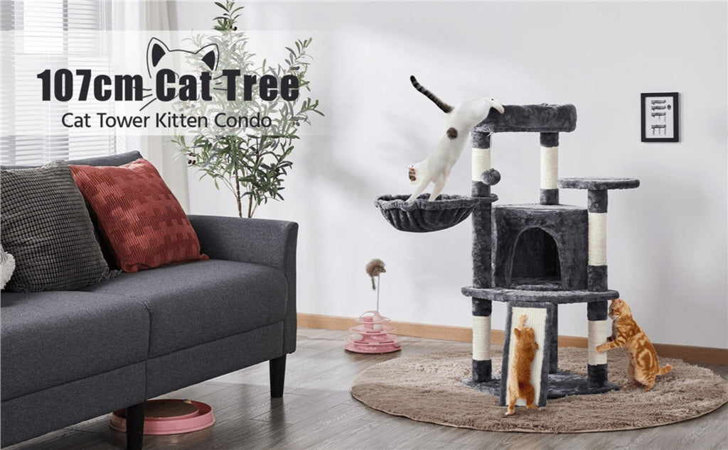 Costoffs Árbol para gatos de 107 cm con plataforma de observación, cueva para gatos, 5 postes de sisal, cueva de descanso, rascador y bola de felpa colgante, mueble para gatos