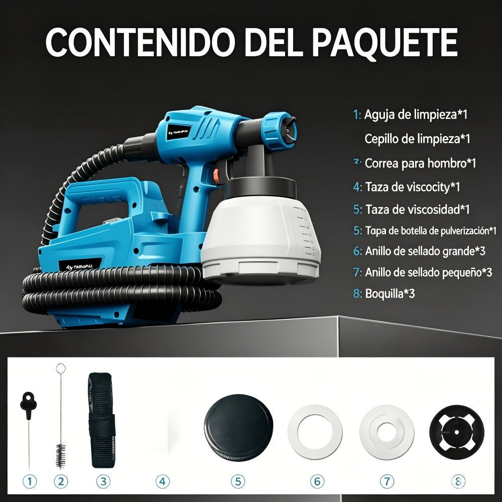 Pistola de pulverización de alta potencia HVLP de 800W para pintura gruesa (120 Din-s), recipiente extraíble de 1300ml, manguera de aire de 2.5m y cable de alimentación de 3m, 3 patrones de pulverización para horizontal/vertical, ovalado y redondo, pintur