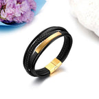 Pulseras de Cuero Genuino Trenzado Multinivel con Hebilla Magnética para Hombres - Estilo Punk