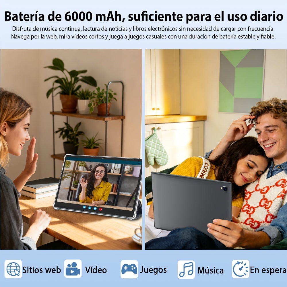 Tableta QDDQ Android 15, 12 (4GB+8GB) RAM, 64GB ROM, Pantalla LED de 10.1 pulgadas, 6000mAh, WiFi, Tablet PC, Dos versiones opcionales: [Tableta con teclado, ratón sin varillas, funda, lápiz óptico (no electrónico)] / [Solo tableta], USB-C (sin adaptador)