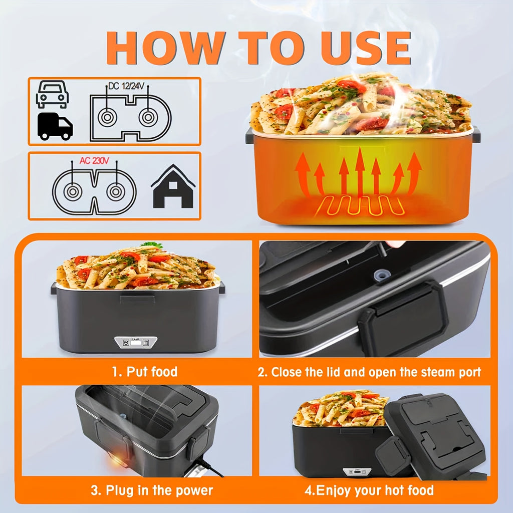Caja de Almuerzo Portátil con Calentamiento - Capacidad de 2.5 Litros, Acero Inoxidable, Pan Desmontable, Adecuada para Coche, Camión, Oficina, Enchufe Tipo - para Vehículo o Calentamiento (Bolsa Aislante Incluida)