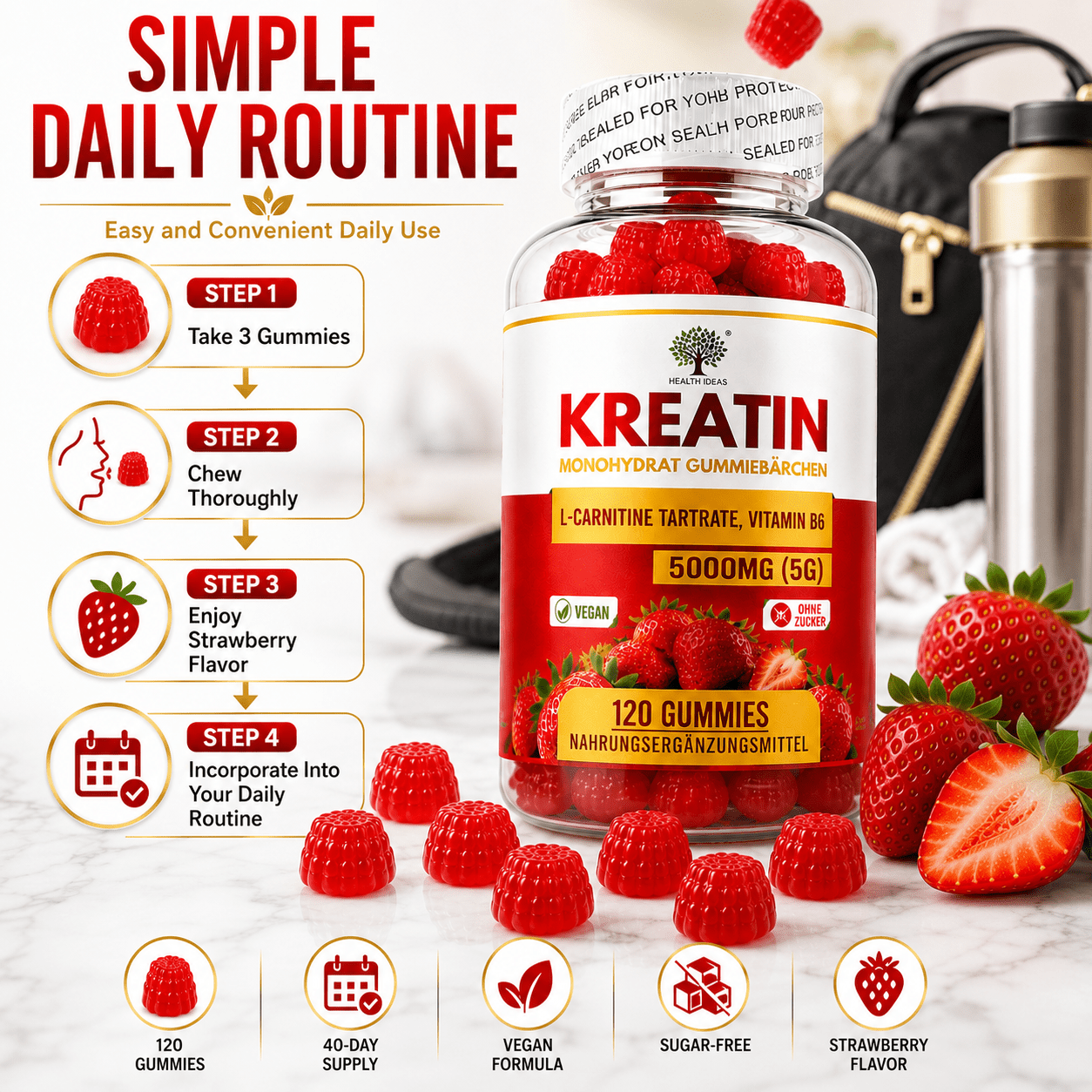 Creatina Monohidrato Gomas de Fresa 5000mg (5g) por Porción – 120 Gomas de Fresa Veganas – Con Tartrato de L-Carnitina y Vitamina B6 – Suplemento Alimenticio Sin Azúcar para Adultos – Fórmula Diaria Fácil de Masticar – Alternativa Conveniente a las Polvos