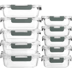 Juego de 20 recipientes de vidrio para almacenar alimentos, 10 recipientes, 10 tapas transparentes, aptos para lavavajillas, microondas y congelador, a prueba de fugas