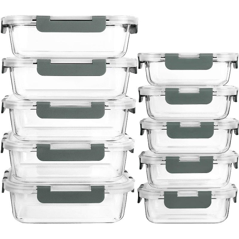 Juego de 20 recipientes de vidrio para almacenar alimentos, 10 recipientes, 10 tapas transparentes, aptos para lavavajillas, microondas y congelador, a prueba de fugas