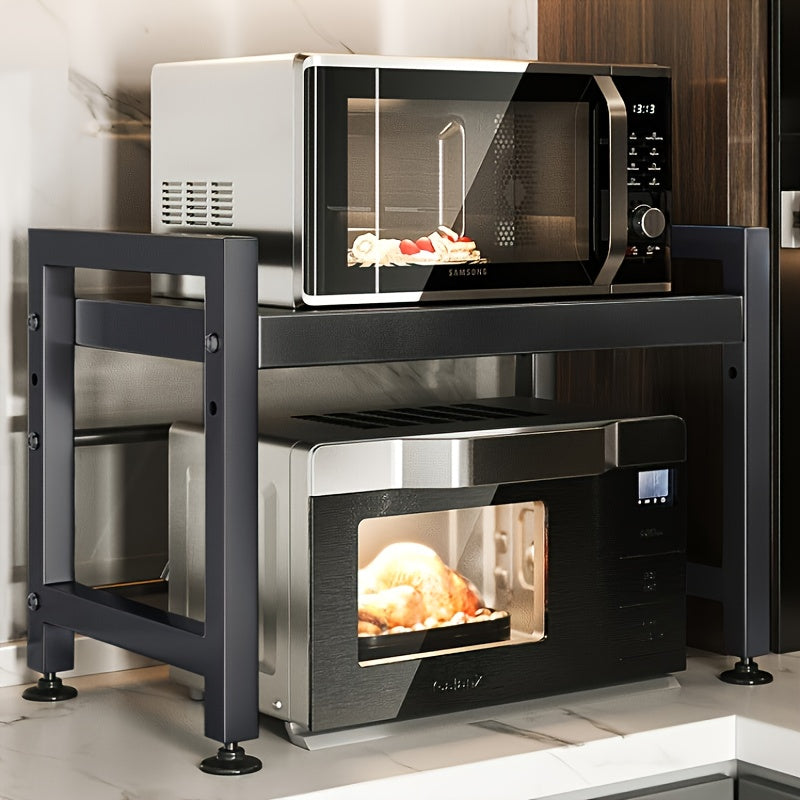 Estantería Negra Extensible para Cocina - Estante Ajustable de 2 Niveles con 6 Ganchos, Organizador Metálico para Encimera y Utensilios, Ahorra Espacio, 40-65cm, Fácil Montaje, Sin Madera, Diseño Moderno, Soporte para Utensilios, Estilo Metálico Elegante