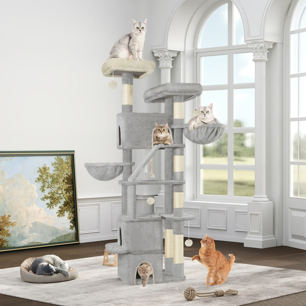 Rascador para Gatos Grande de 185 cm con 6 Postes para Rascar, 3 Cuevas, 2 Plataformas de Observación, 2 Cestas, 4 Pelotas de Peluche, Rascador Multinivel para Gatos