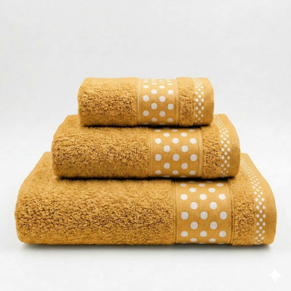 Juego de Toallas de Algodón 100% (3 Piezas) - Incluye Toalla de Tocador, Lavabo y Ducha | Tacto Suave, Ultra Absorbentes con Diseño Elegante de Lunares | Set Premium para Baño