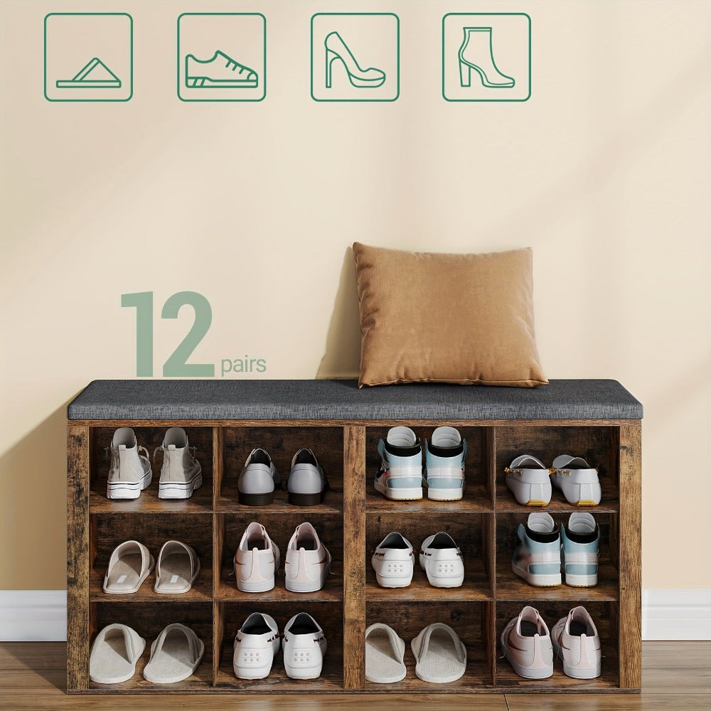Banco para Zapatos, Estante con Asiento, Banco con Almacenamiento, Cojín, 12 Compartimentos, para Sala, Pasillo, Dormitorio, Blanco-Gris