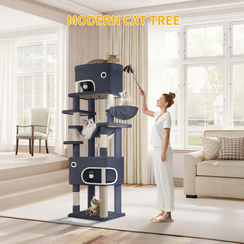 Árbol para Gatos, 203 cm con Plataforma Grande, Cueva Doble, 7 Postes Rascadores Pomponas Reposadería Hamaca Adecuado Para Todo TipodeGato Gris Claro/grisescuro Beige