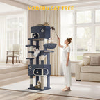 Árbol para Gatos, 203 cm con Plataforma Grande, Cueva Doble, 7 Postes Rascadores Pomponas Reposadería Hamaca Adecuado Para Todo TipodeGato Gris Claro/grisescuro Beige