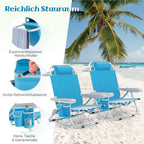 Silla de playa plegable, ligera, silla de camping con respaldo ajustable, reposacabezas, bolsillos laterales, correas para los hombros, soporte para toalla y reposabrazos, silla plegable, silla para exteriores (Azul)