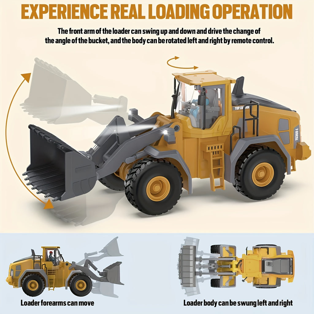 Cargadora a control remoto - Camión de juguete bulldozer a control remoto con operación de simulación de cucharón hidráulico, Colección de modelos de tractor de construcción de vehículos de ingeniería para niños y niñas