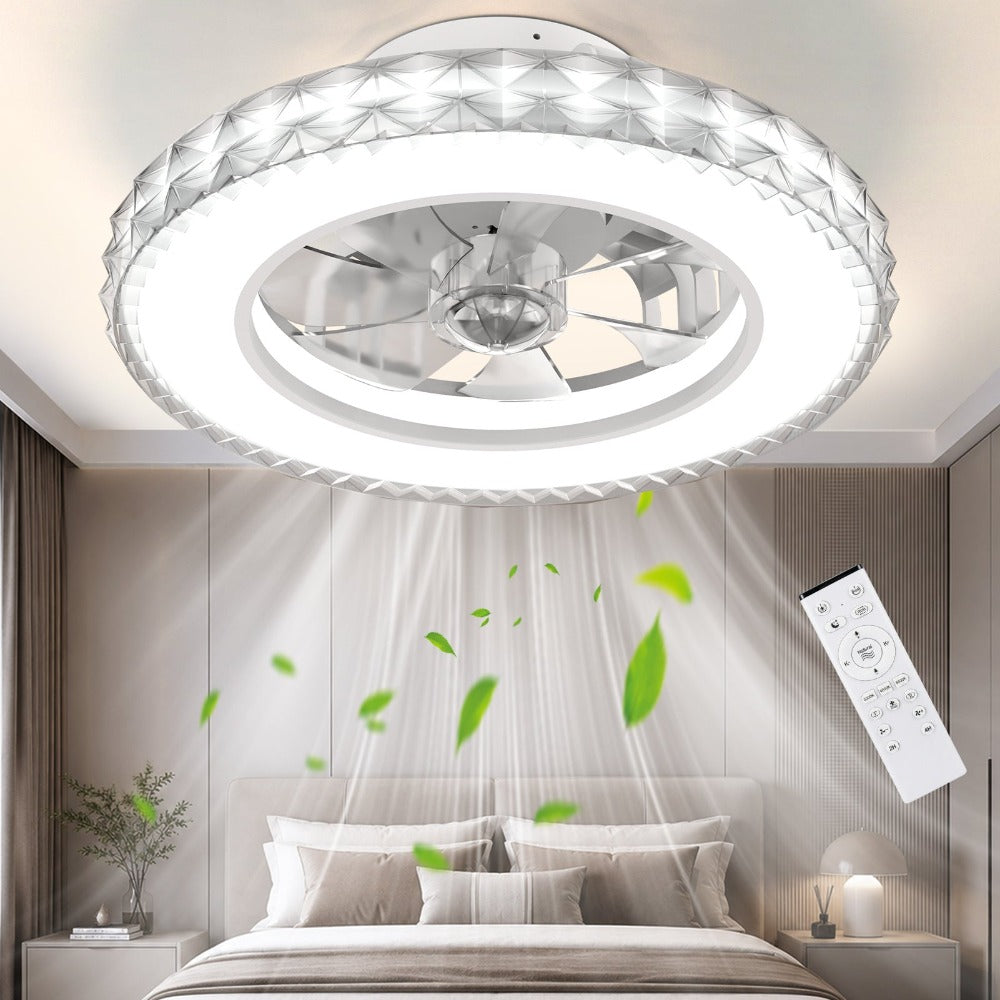ATEROLL Ventilador de Techo de 43cm con Luz, Luz RGB+3CCT Ajustable, Ventilador de Techo de Estilo Moderno de Cristal, 7 Colores y 6 Modos de Luz Perseguidora, Función de Temporización de 2H, 4H, Motor DC Embutido, Opción Ideal para Dormitorio/Sala de Est