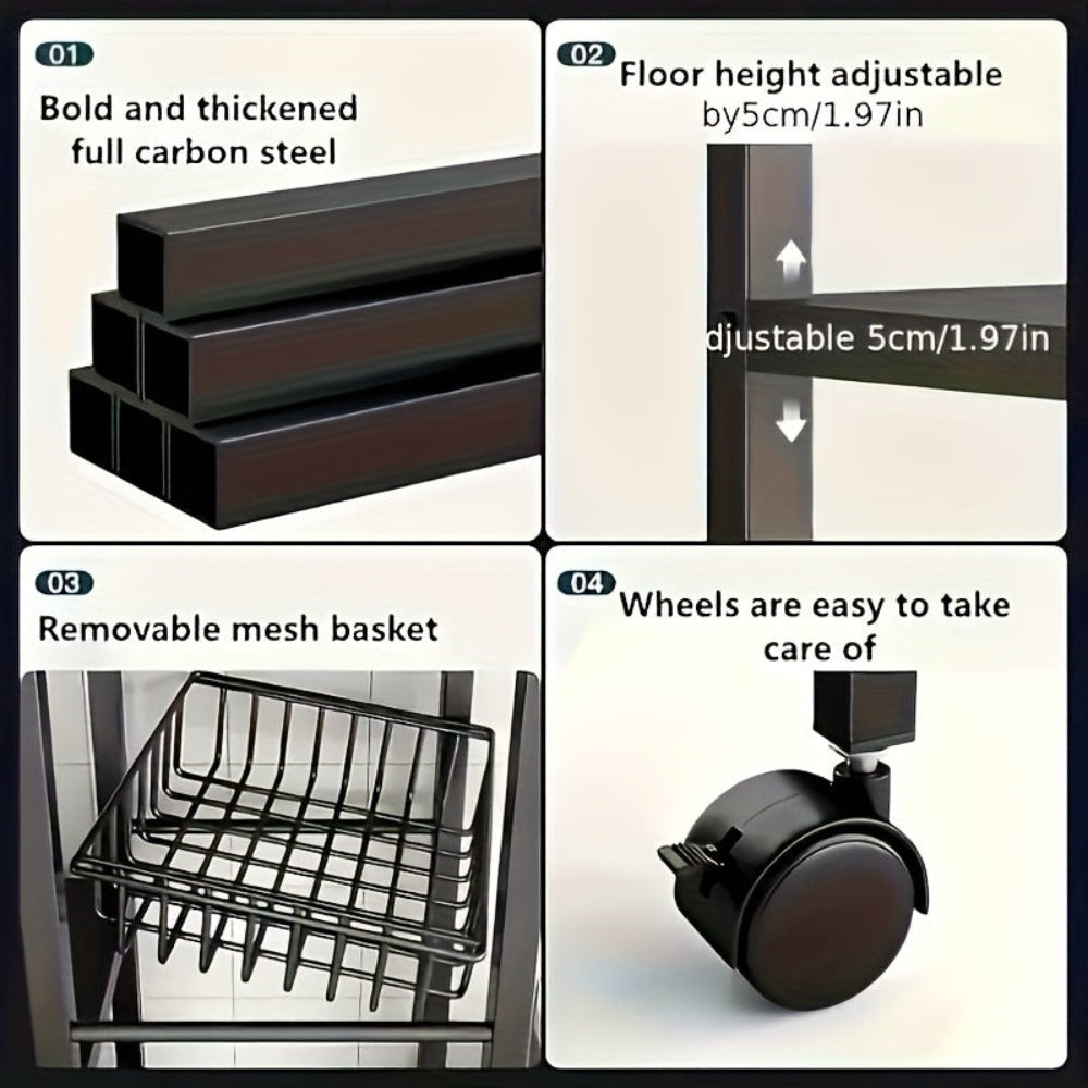 Estante de almacenamiento de metal dorado ajustable de 4 niveles con ruedas y 3 cestas - Estante organizador móvil para cocina, despensa, baño, armario - Diseño rodante para ahorrar espacio, regalo de inauguración y almacenamiento del hogar ()
