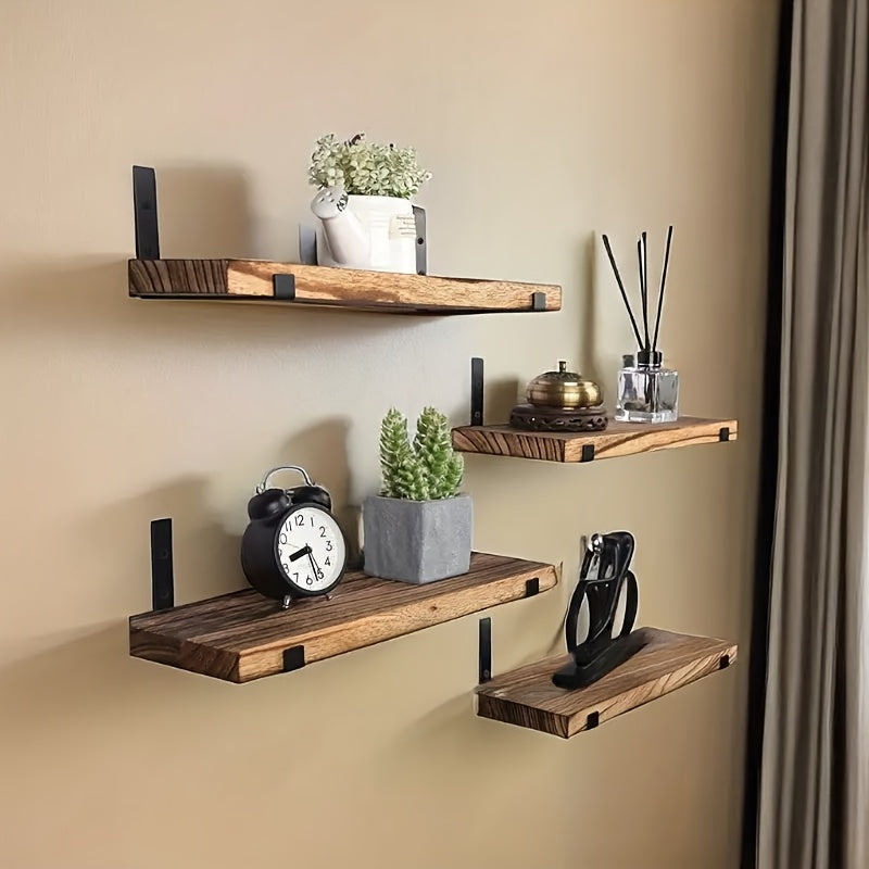 Un juego de cuatro estantes de pared rústicos de madera marrones, ideales para almacenamiento flotante en la cocina, el dormitorio y la sala de estar, estantes flotantes