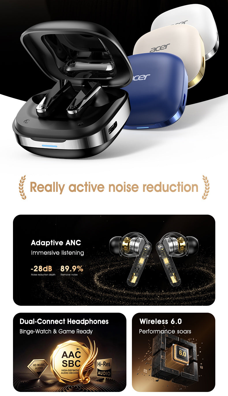 Auriculares Bluetooth | Auriculares inalámbricos Acer Ohr646 originales y oficiales, intrauditivos, inalámbricos 6.0 ANC con reducción activa de