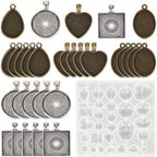 Kit de moldes de resina para joyería con bandejas para colgantes, 30 piezas de colgantes de 5 estilos y 1 molde de silicona para fundir joyería de epoxi para manualidades de colgantes y creación de regalos de joyería DIY