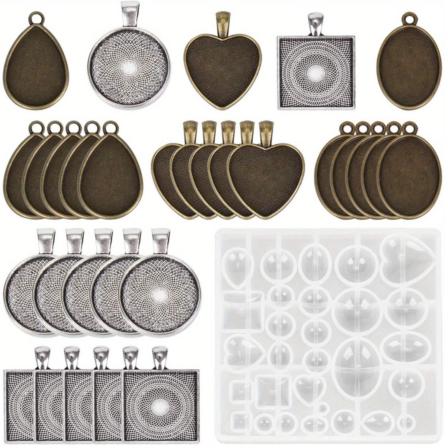Kit de moldes de resina para joyería con bandejas para colgantes, 30 piezas de colgantes de 5 estilos y 1 molde de silicona para fundir joyería de epoxi para manualidades de colgantes y creación de regalos de joyería DIY
