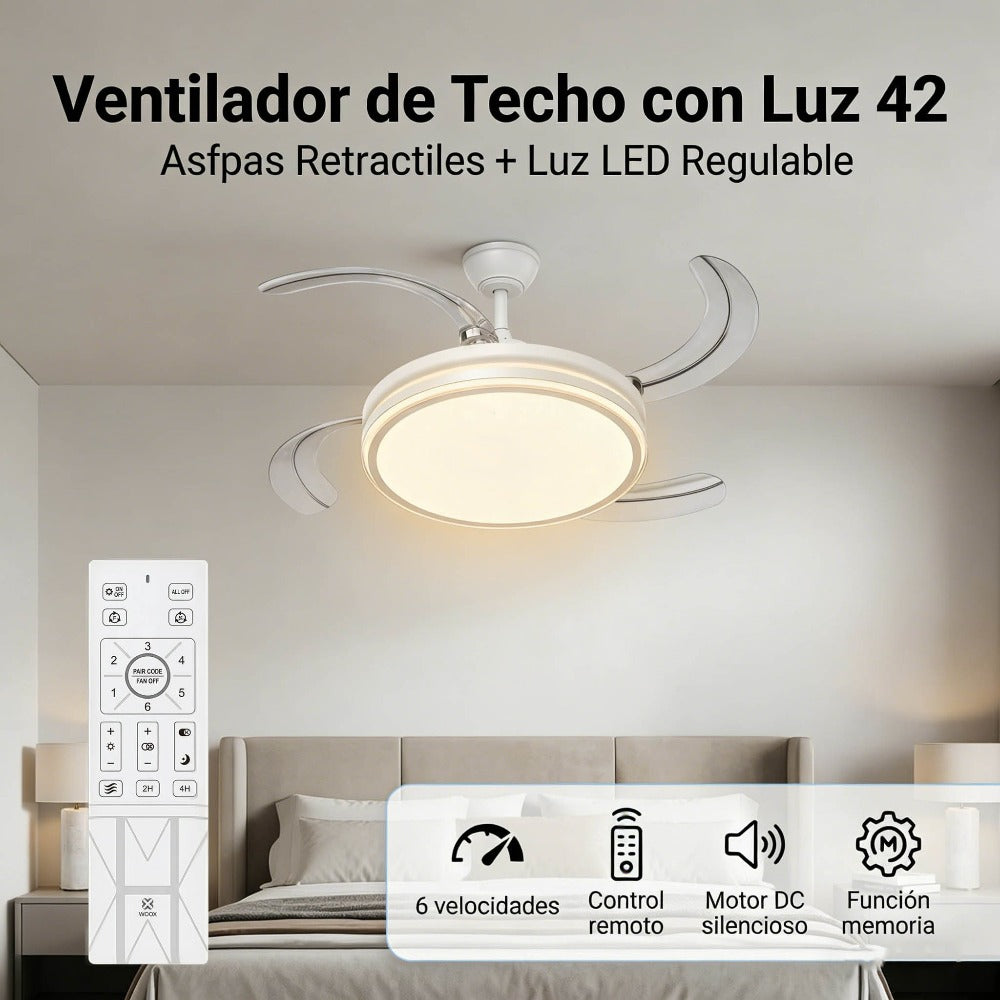 Ventilador de techo moderno con luz LED de 50W con regulación continua, aspas retráctiles y mando a distancia – Motor DC de cobre puro silencioso, bajo consumo y larga duración, brillo y temperatura ajustables, 6 velocidades, memoria y temporizador. Ideal