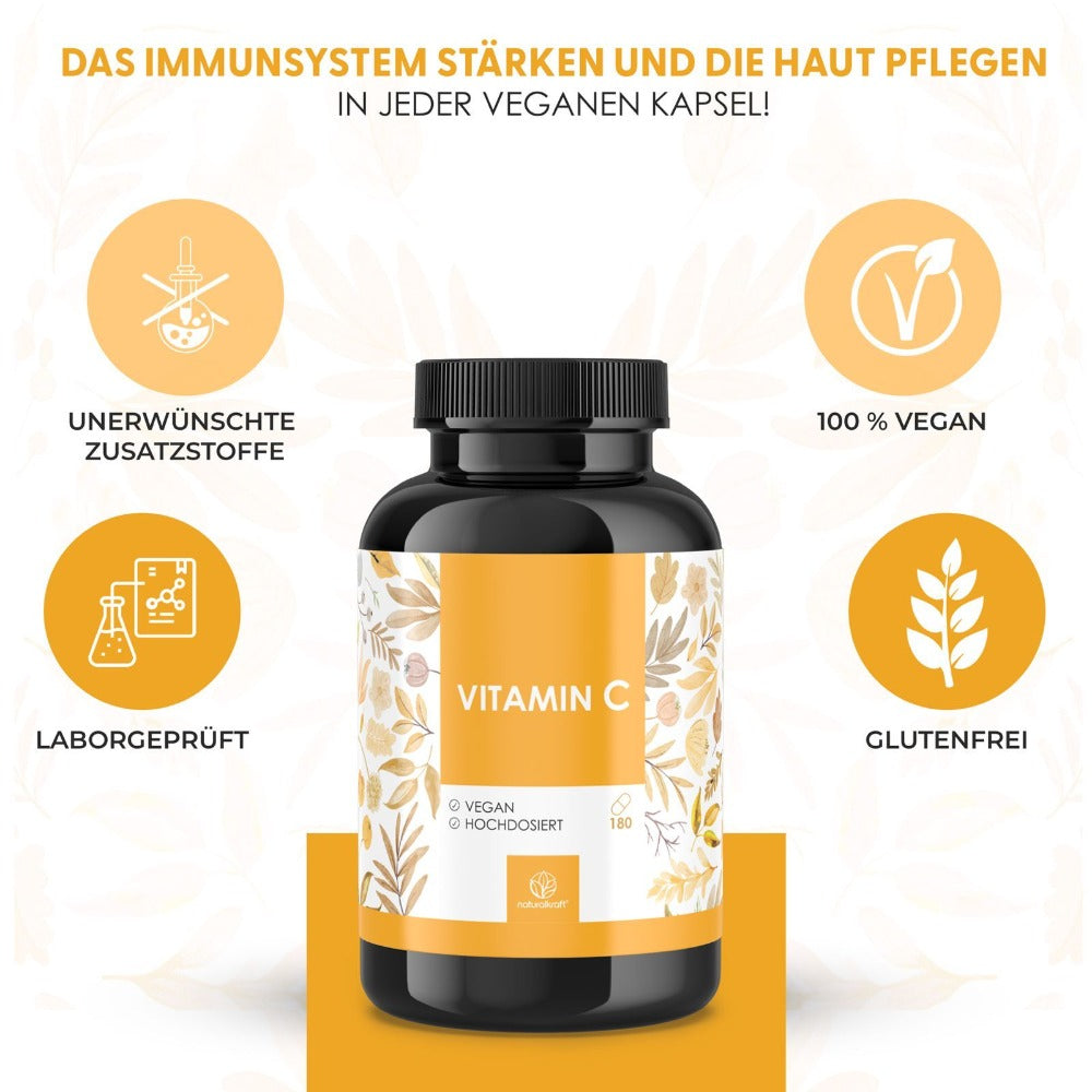 NATURALKRAFT® Premium Vitamina C 1000 Mg Por Dosis Diaria con Polvo de Fosfolípidos de Girasol y Extracto de Rosa Mosqueta - 180 Cápsulas Veganas - Mayor Biodisponibilidad, Probado en Laboratorio y Sin Aditivos.