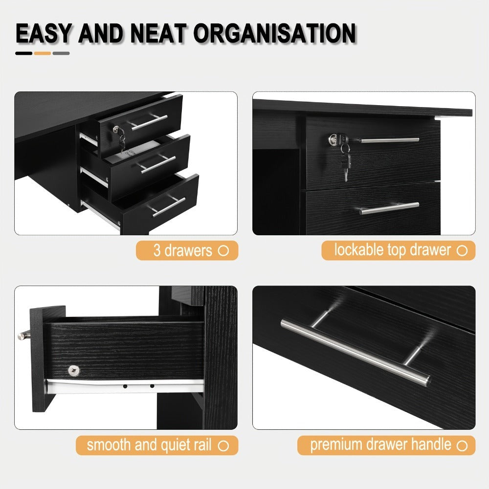 1pc Escritorio de Oficina 120x60cm, Mesa para Computadora con 3 Cajones, Banco de Trabajo Ergonómico, Adecuado para Oficinas, Dormitorios y Estudios