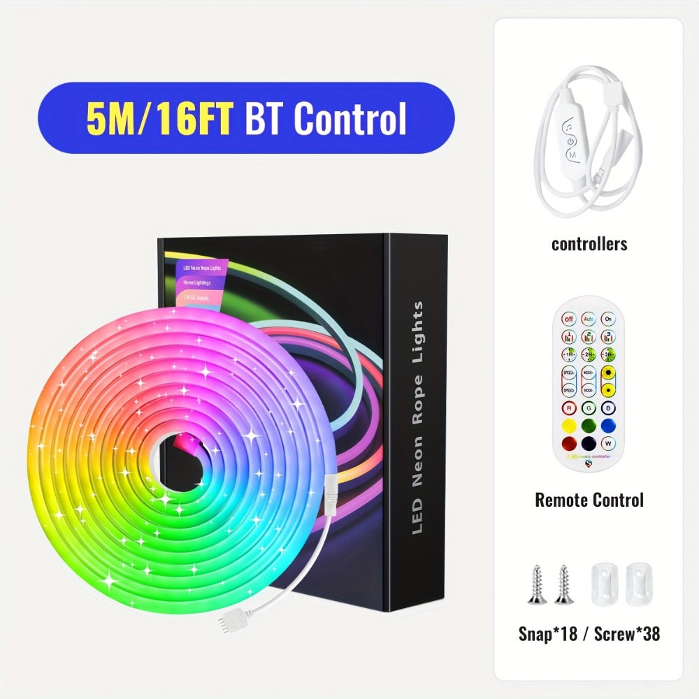 Tira de luz LED neón regulable de 5/10 metros, función, tira de luz neón RGB para juegos con sincronización de música controlada por aplicación, fuente de alimentación estándar europeo, adecuada para uso en interiores, cocina, sala de estar, techo de dorm