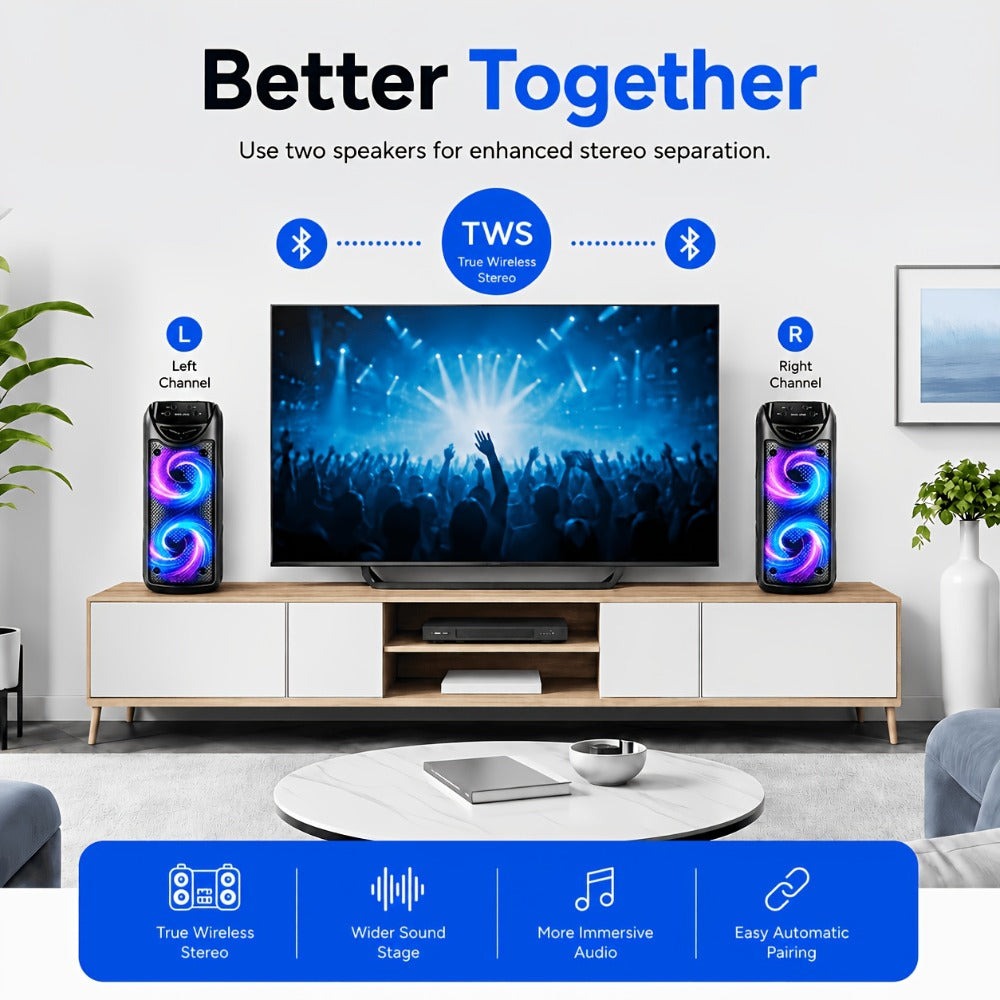 Sistema de altavoz de karaoke portátil Bluetooth, subwoofer dual de 3 pulgadas con graves profundos, luces de fiesta LED, radio FM, estéreo sin varillas TWS, altavoz PA de alto volumen, altavoz Bluetooth para exteriores para fiestas de verano, camping, pl