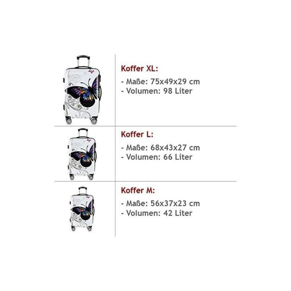 Monzana® Completo Set de 3 Maletas de Viaje Butterfly 42L 66L 98L Valijas Equipaje Mango Telescópico 4 Ruedas 360°