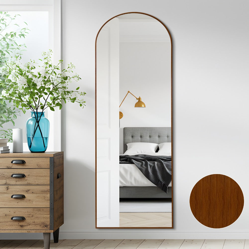 Melodieux Espejo arqueado de 161 X 52 cm con aspecto de madera de nogal y marco de aluminio, espejo de maquillaje de longitud completa independiente para colgar o montar en la pared para el baño