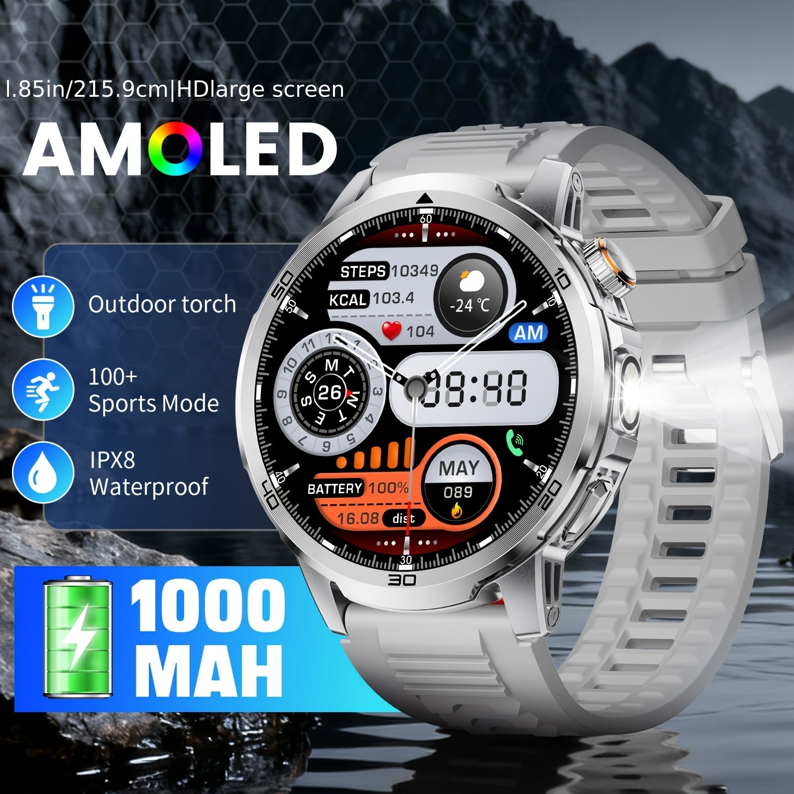 Reloj Inteligente LIGE para Hombres con Llamadas, Batería de 1000mAh/Linterna/Dos Cables de Carga, Pantalla HD Grande de 1.85 Pulgadas, Reloj de Fitness con 100+ Modos Deportivos, Monitor de Sueño IPX8 para Android e IOS