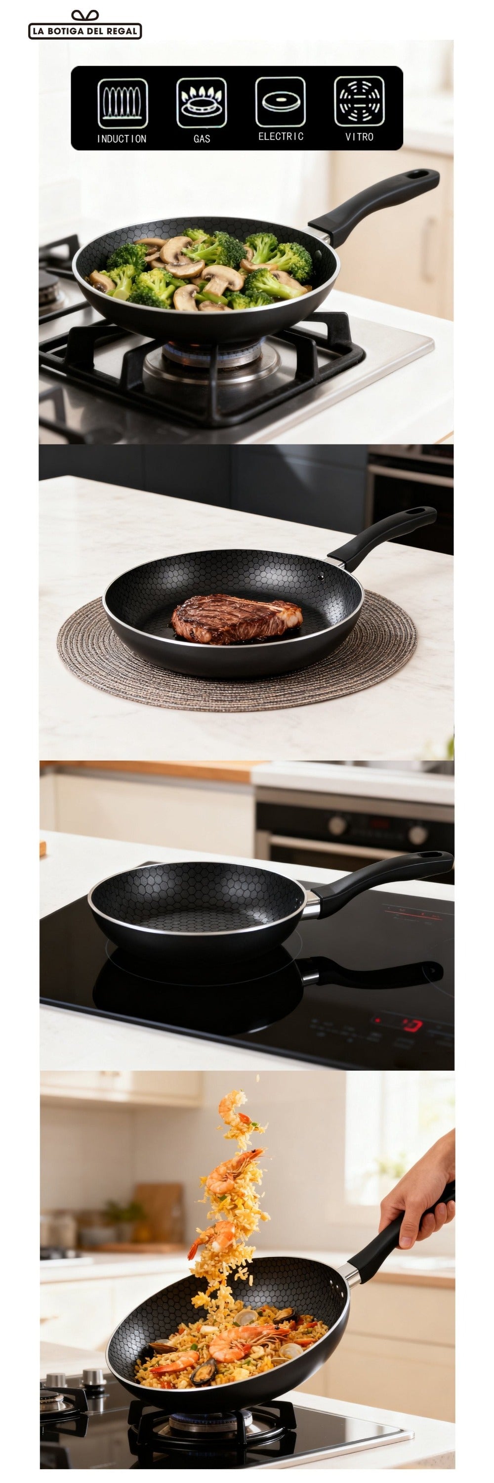 Sartén de cocinar | Sartén multifuncional para hogar | Sartén de aluminio sin revestimiento antiadherente | Exclusiva para inducción y cocina de gas | Utensilio de cocina universal de sartén plana