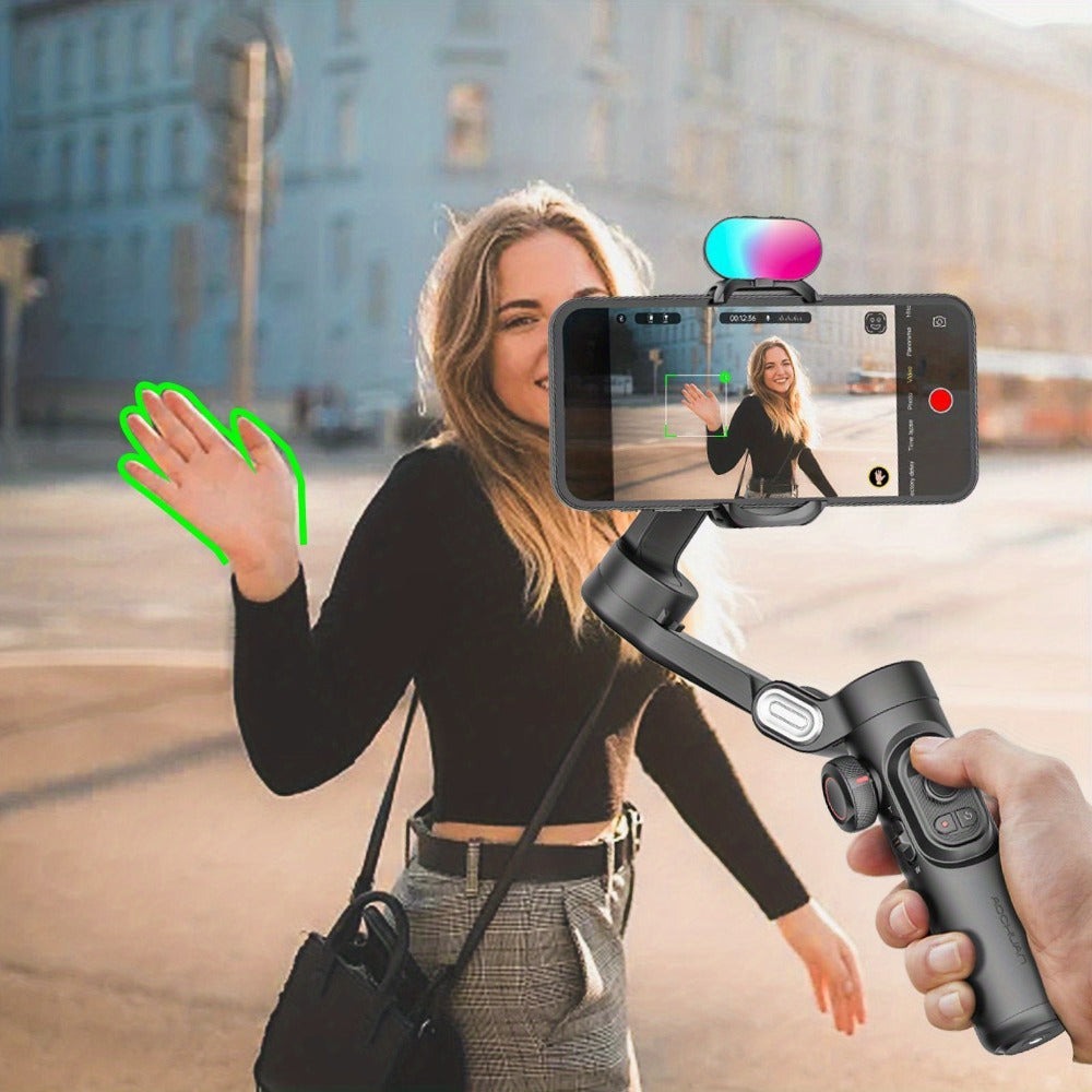 Estabilizador cardán AOCHUAN en forma de 7 de 3 ejes para smartphone, aplicación AOCHUAN, antivibración, enfoque/zoom de precisión, seguimiento de rostro/objeto, varilla plegable extensible de 73 cm, luz RGB, múltiples modos de fotografía, adecuado para v