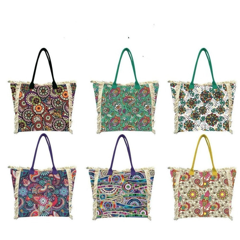 MEJORADA Bolso de Playa Grande con Estampado Colorido y Flecos, Estilo Tote con Forro Interior, Tamaño 55x35x20 cm - Ideal para Playa, Piscina y Viajes