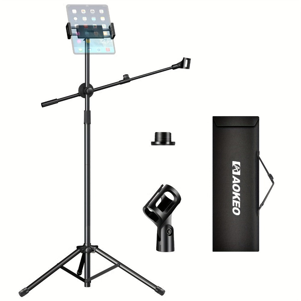 Soporte de Micrófono Profesional Aokeo con Trípode Ajustable, Soporte para Tableta y Bolsa de Transporte - Construcción de Hierro Negro, Conector XLR, Ideal para Actuaciones, Canto y Discursos, Equipo de Audio Profesional | Soporte de Micrófono Ajustable