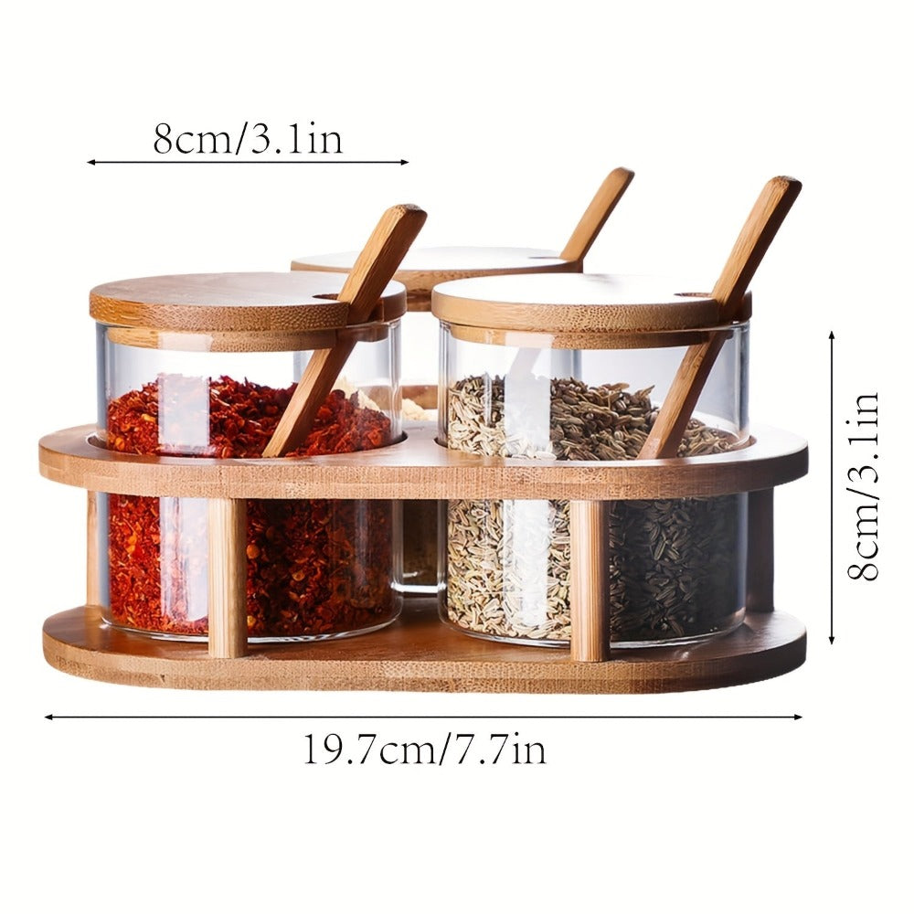 Almacén local, juego de tres tarros para condimentos con soportes triangulares. Tarros de cristal transparente para condimentos con cuchara de bambú y tapa de bambú. 280 ml × 3, aptos para sal, azúcar, especias, pimienta, tarros de condimentos de cocina