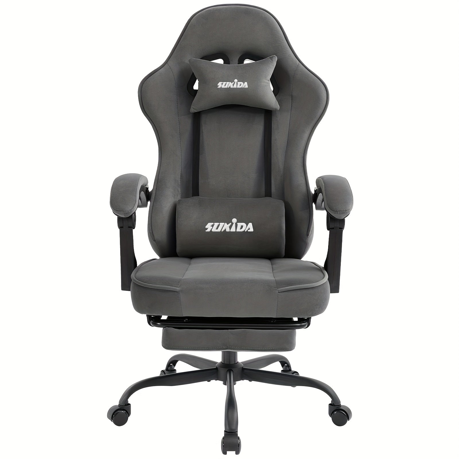 Silla de gaming SUKIDA de tela, silla de gaming ergonómica con reposapiés, silla de carreras para ordenador ajustable con soporte lumbar, silla ergonómica para PC negra