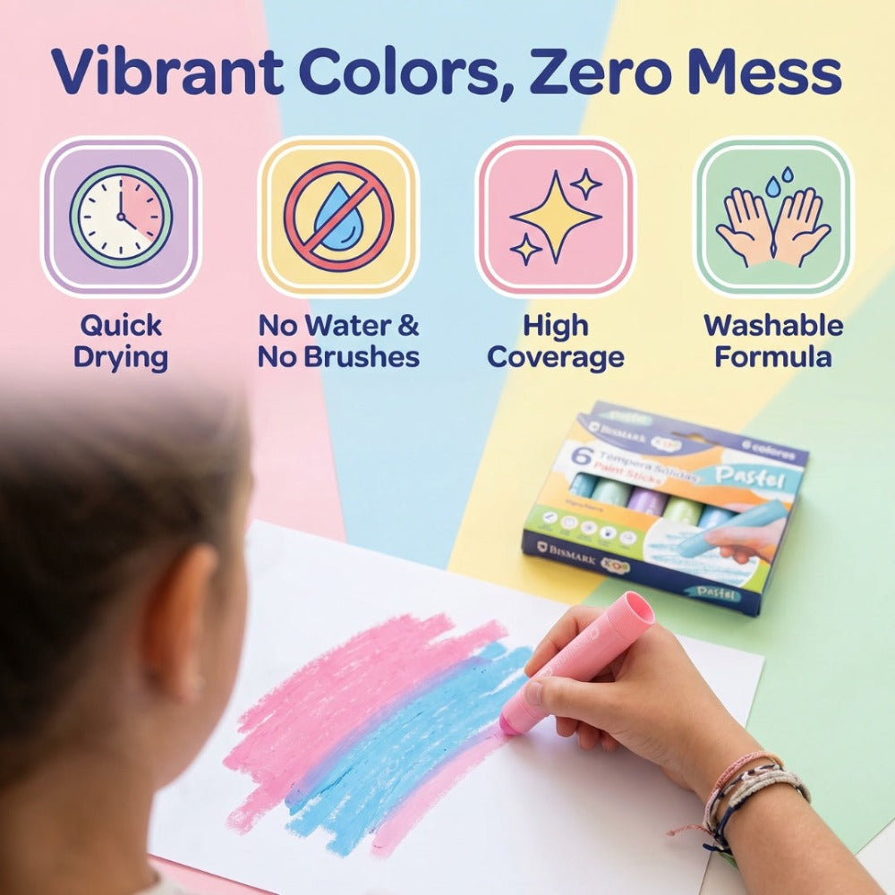 6 pcs Barras de color sólido de 10grs/barra, Gran Cobertura, Secado Rápido, Colores Brillantes y Lavables, ideales para actividades escolares y creativas. detail image - detail view 5