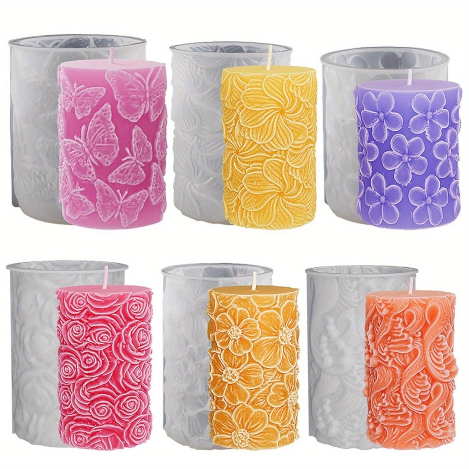 6 Piezas de Moldes de Silicona para Velas, Moldes de Resina en Forma de Cilindro y Pilar de Flores 3D para Hacer Velas, Moldes para Fundición de Resina y Manualidades DIY, Velas 3D, Aromaterapia, Decoración de Yeso y Adornos para el Hogar v