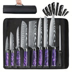 Juego de 8 cuchillos, perfecto para uso en la cocina, con hojas de acero inoxidable ultra afiladas para un rendimiento duradero. Disponible en azul, verde, negro y morado, viene con una funda de nailon para un almacenamiento y transporte convenientes