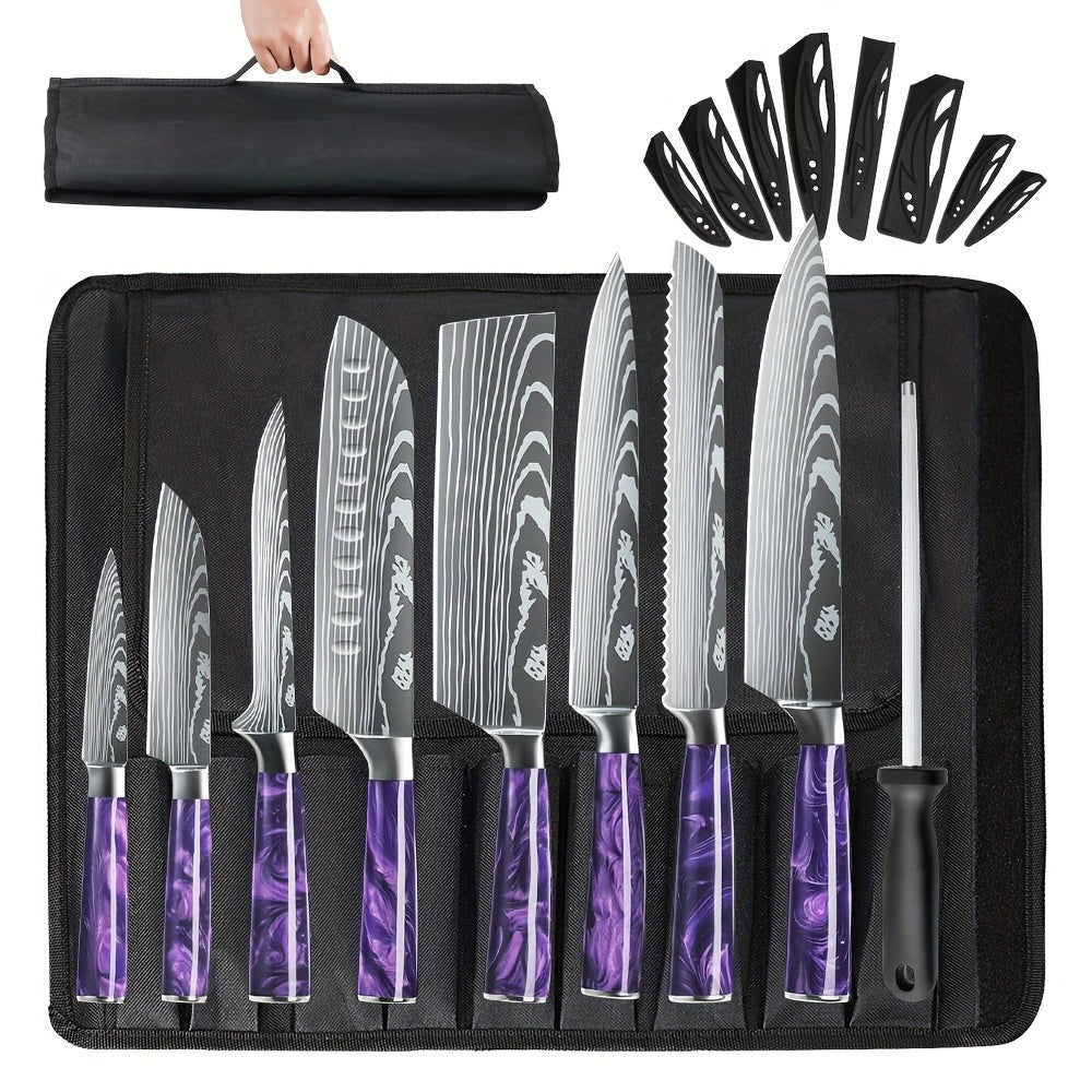 Juego de 8 cuchillos, perfecto para uso en la cocina, con hojas de acero inoxidable ultra afiladas para un rendimiento duradero. Disponible en azul, verde, negro y morado, viene con una funda de nailon para un almacenamiento y transporte convenientes