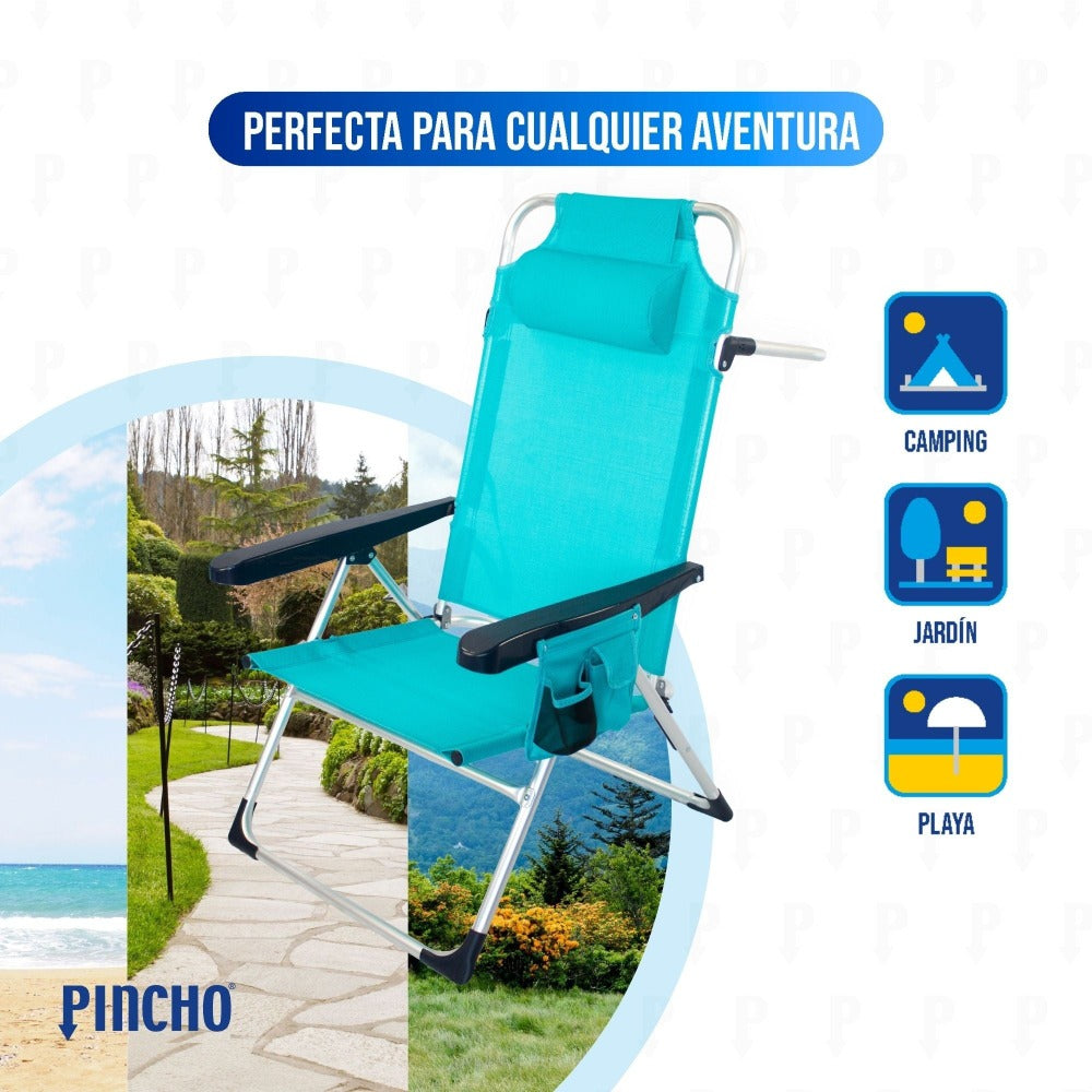 Silla Playa Plegable, Sillon Alto con Cojín, Reclinable, Altura del Asiento 29,5 cm, Asa de Transporte, Bolsillo para Movil y Bebida Textileno Resistente, Jardin, Camping, Hamaca