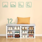 Banco para Zapatos, Estante con Asiento, Banco con Almacenamiento, Cojín, 12 Compartimentos, para Sala, Pasillo, Dormitorio, Blanco-Gris