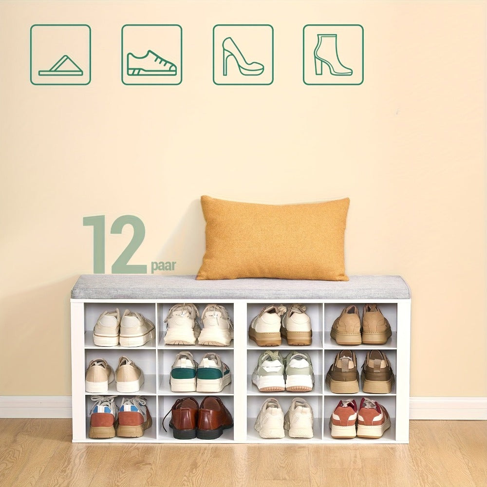 Banco para Zapatos, Estante con Asiento, Banco con Almacenamiento, Cojín, 12 Compartimentos, para Sala, Pasillo, Dormitorio, Blanco-Gris