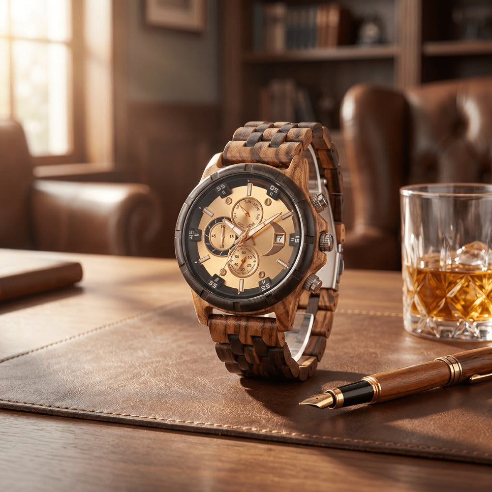 Relojes de Pulsera de Madera para Hombres, Relojes de Cuarzo de Moda con Fecha, Semana y Hora, Caja de Madera para Él